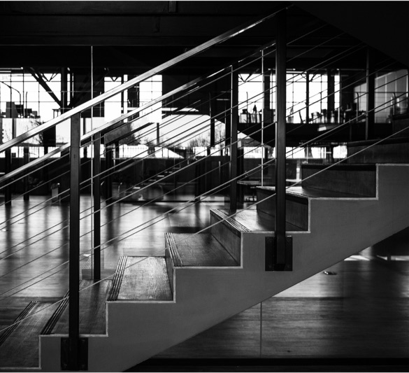 Black and white photo of a staircase in premises