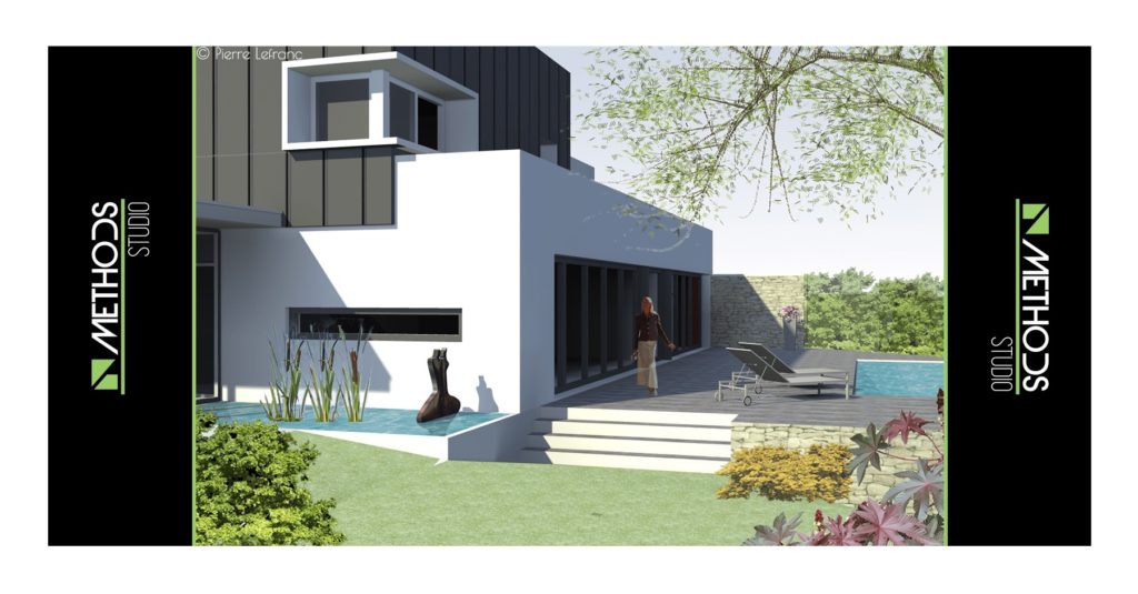 3D d'une maison neuve avec vue sur le jardin et la piscine par Methods Studio